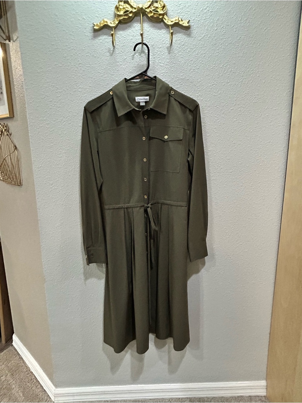 Calvin Klein Olive Green Long Sleeve Shirt Dress